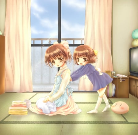 Family - nice, female, parent, anime girl, brown hair, curtain, home, clannad, pretty, children, ushio okazaki, anime, family, blouse, house, cute, short hair, love, kid, nagisa, girl, mother, child, lovely, kawaii, sweet, nagisa furukawa, dress, happy