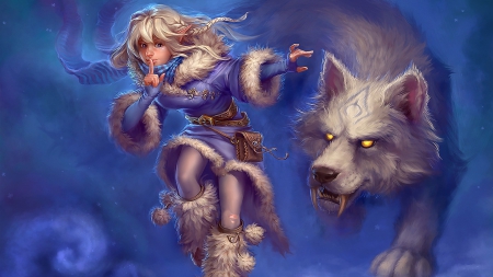 Friendship - wolf, woman, art, girl, blue, beautiful, digital, fantasy