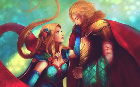 Rapunzel and Flynn - rapunzel, blue, girl, blonde, love, orange, man, fantasy, red, princess, couple, disney, art