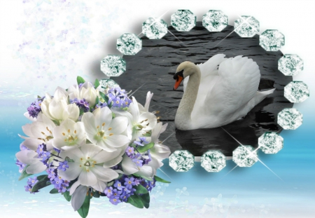 Graceful - whie and blue flowers, swain, water, diamonds