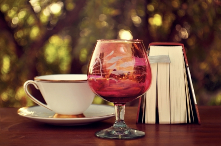 STILL LIFE - glass, book, saucer, cup