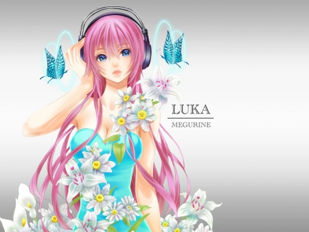 Luka - pretty, anime, vocaloid, female, dress, long hair, luka, headphones, hd, nice, pink hair, gown, anime girl, beautiful, hot, megurine, girl, beauty, lovely, sweet, flower, petals, megurine luka, butterfly, cute, sexy, vocaloids