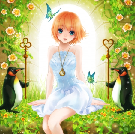 â™¡ Maiden â™¡ - nice, beauty, female, sundress, penguin, wings, anime girl, pretty, orange hair, anime, blouse, cute, short hair, maiden, lady, girl, gown, lovely, bird, hd, kawaii, wing, beautiful, sweet, flower, dress