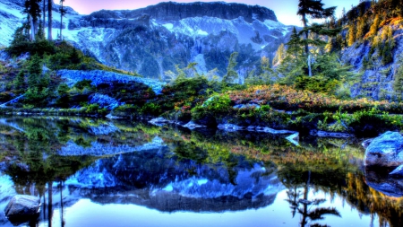 marvelous mountain lake hdr - lake, mountains, rocks, reflection, flowers, trees, hdr