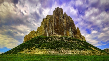 beautiful cliff above a hill - hill, cliff, clouds, brush