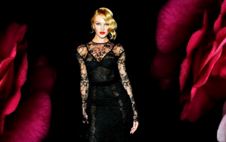 Candice Swanepoel - woman, background, girl, black, rose, model, petals, by cehenot, candice swanepoel, dress, blonde, flower