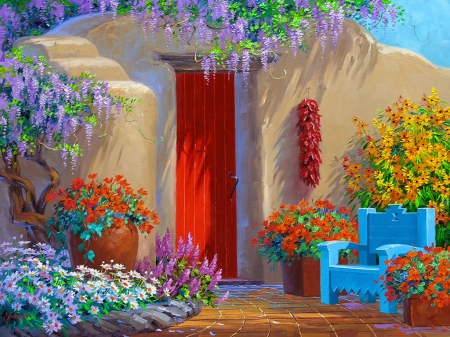 Pause and enjoy - pretty, relax, house, beautiful, pause, mediterranean, enjoy, lovely, home, rest, flowers, colorful, door, painting, bench, art