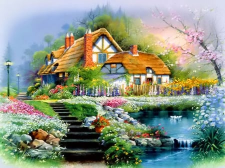 Cottage with swan - stairs, swan, cottage, trees, countryside, flowering, spring, creek, painting, art, blossoms, pretty, river, house, blooming, lake, lovely, village, beautiful, flowers