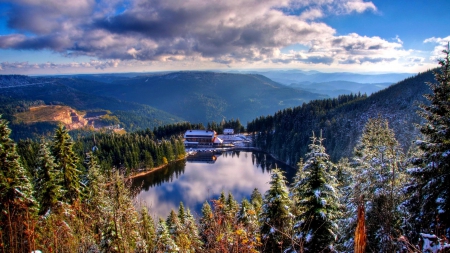 lodge on a mountain lake in seebach germany hdr - lake, mountains, forests, clouds, lodge, hdr