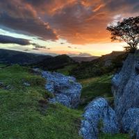 beautiful hills in snowdonia park wales at sunrise