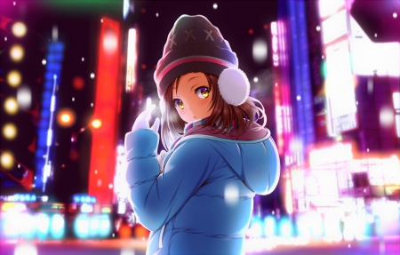 Anime girl - pretty, cute, ligths, city, hq, anime, girl, hd