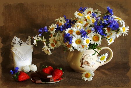 Still Life - daisies, flowers, vase, strawberries, blossoms, chocolate