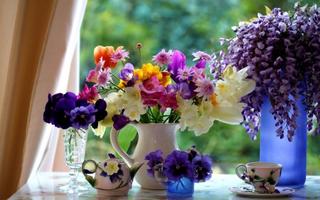 Still Life - window, blossoms, arrangement, flowers, vase