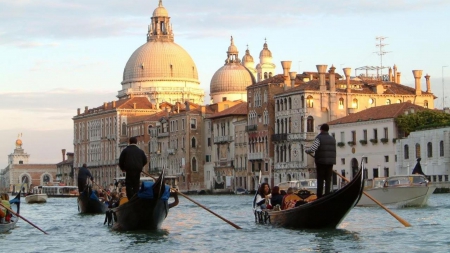 gondolas on the grand canal in venice - domes, sunshine, boats, city, canal