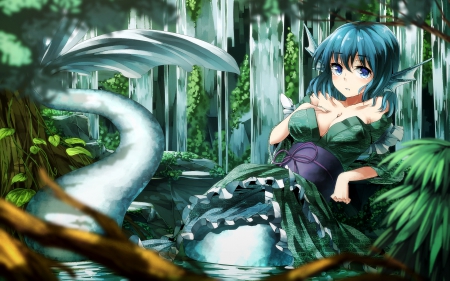 ~Wakasagihime~ - pretty, anime, water, Wakasagihime, kimono, tree, japanese clothes, touhou, waterfall, mermaid, blue hair, blue eyes