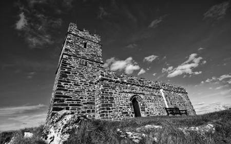 old brentor church in black and white - stone, ancient, view, black and white, church