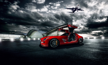 red mercedes sls parked in an airport - plane, doors, car, roof, red, airport, parking