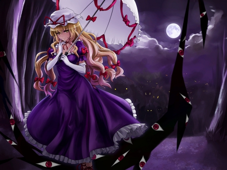 Deadly Midnight - moon, yellow eyes, bows, sky, hat, long hair, night, gloves, monsters, touhou, clouds, umbrella, anime, dress, blonde, yakumo yukari