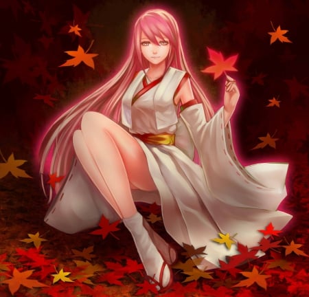 Red Maple - pretty, anime, female, maiden, dress, long hair, emotional, dark, hd, nice, gown, anime girl, serious, hot, girl, lovely, maple, sweet, glow, lady, leaf, sexy, leave