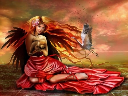 ~Lourson et Lange~ - bird, softness beauty, creative pre-made, beautiful, backgrounds, digital art, weird things people wear, photomanipulation, wonderful, butterfly designs, fantasy, lady, woman, model, love four seasons, pooh