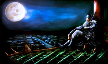 RESTING HERO - moon, roof, art, game, warrior, fullmoon