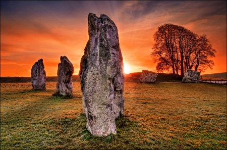 Sunset - sky, landscape, sun, tree, stones, field