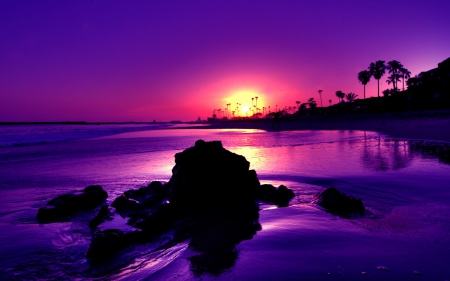 BEAUTIFUL SUNSET ON FAR SHORE - trees, sunset, rocks, nature, view, gorgeous, reflection, beautiful, sea