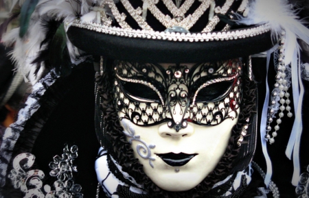 Venice Carnival - hat, black, white, mask, woman, venice, girl, carnival