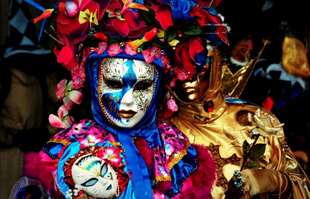 Venice Carnival - mask, couple, carnival, pink, blue, venice, golden, rose