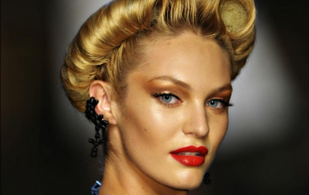 Candice Swanepoel - girl, blonde, black, make-up, red, woman, model, Candice Swanepoel, face, blue eyes