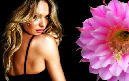 Candice Swanepoel - by cehenot, girl, blonde, flower, pink, black, woman, model, Candice Swanepoel, background, cactus