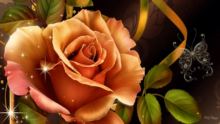 Bright Rose - summer, spring, flower, orange, stars, shiny, Firefox Persona theme, bright, rose, ribbon, shine