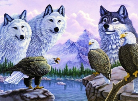 Predators - wolf, wolves, lake, eagles, artwork, mountains