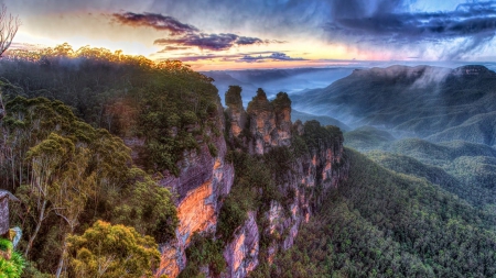 three sisters blue cliffs in australia hdr - clouds, forests, hdr, cliffs, mountains