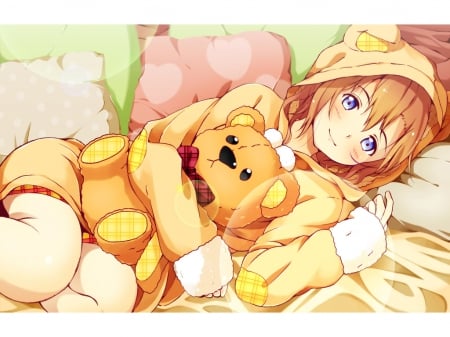 Honoka - anime, anime girl, kawaii, teddy bear, sleeping, happy