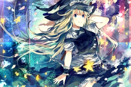 ~Kirisame Marisa~ - stars, hat, blue eyes, long hair, witch, touhou, pretty, bow, anime, kirisame marisa, blonde