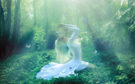 Serenity - white dress, fantasy, female, nature, butterflies, bright light, blissful