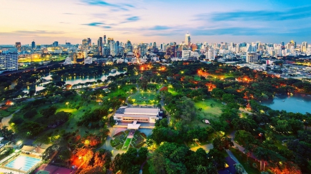 view of a beautiful bangkok city park hdr - lakes, view, sundown, park, city, hdr