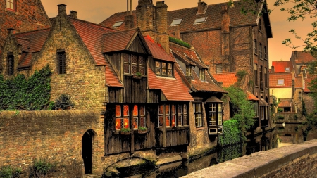 beautiful canal in bruges belgium - bricks, city, canal, house, vines