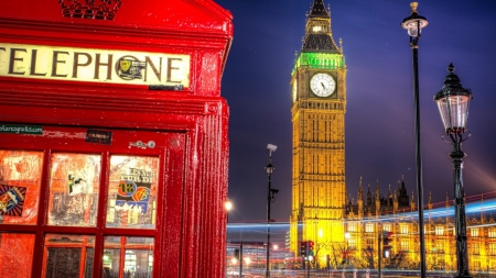 big ben clock tower from a phone booth at night - booth, tower, lights, clock, night