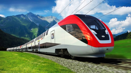 canadian bombardier made train in the mountains - train, mountains, meadow, clouds, electric, track