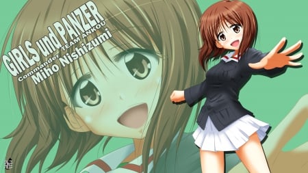 Commander Nishizumi Miho - skirt, brown eyes, nishizumi miho, anime, blush, short hair, girls und panzer, brown hair