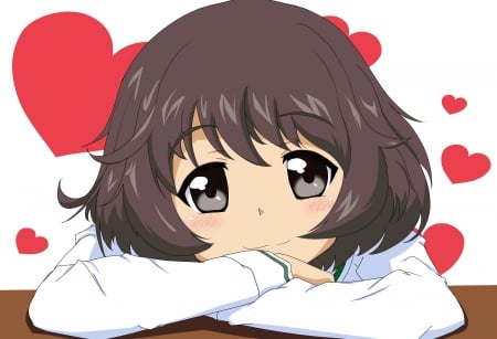 ~Akiyama Yukari~ - short hair, akiyama yukari, anime, black eyes, blush, brown hair, girls und panzer, hearts