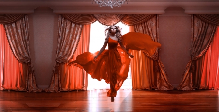 Woman In Red - pretty, floating, red, cute, beauty