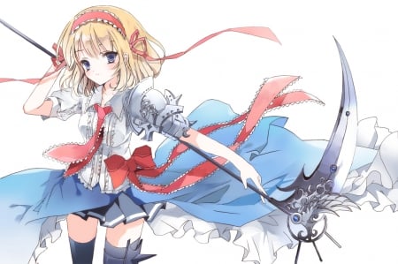 It's Time To Fight - bows, skirt, scythe, headband, blue eyes, ribbons, alice margatroid, touhou, tie, weapon, anime, short hair, blonde