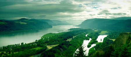 Columbia Gorge - landscape, roads, mountains, oregon, washington, forest, clouds, river, green