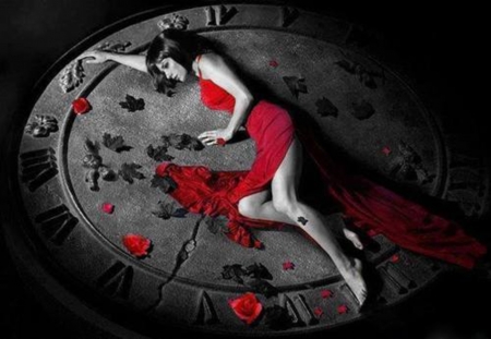 *** - woman, two colors, model, redand black, red dress, petals, femininity, red passion, clock, dreamer