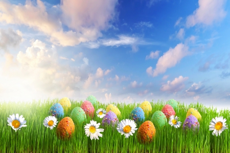 Spring Time - sky, easter, happy easter, daisy, nature, eggs, easter eggs, clouds, splendor, sunny, flowers, grass, daisies