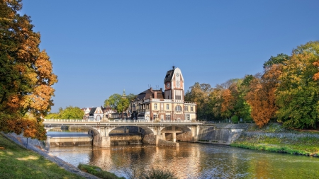 bridge over dam on a river - river, town, clock towers, forest, bridge, dam