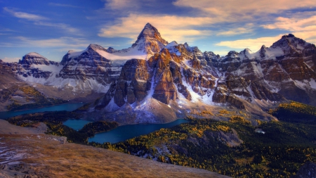 beautiful mount assiniboine in canadian rockies - lakes, valley, forest, clouds, mountains